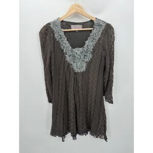 Pretty Angel Tunic WOmen Large Gray Lace V Neck Silk Blend Whimsigoth Dark Fairy